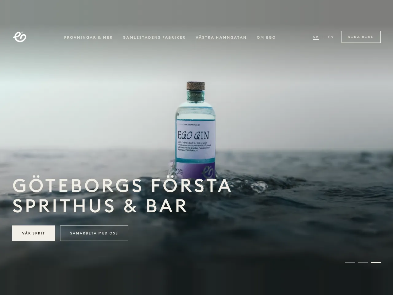 Ego Distillers: Swedish home page hero, an Ego Gin bottle standing in the sea under the headline Göteborgs första sprithus & bar