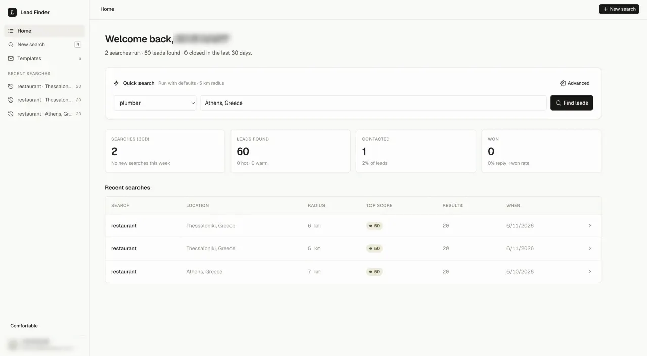 Lead Finder dashboard: lead-scoring CRM home with quick search, KPI cards and a recent-searches table