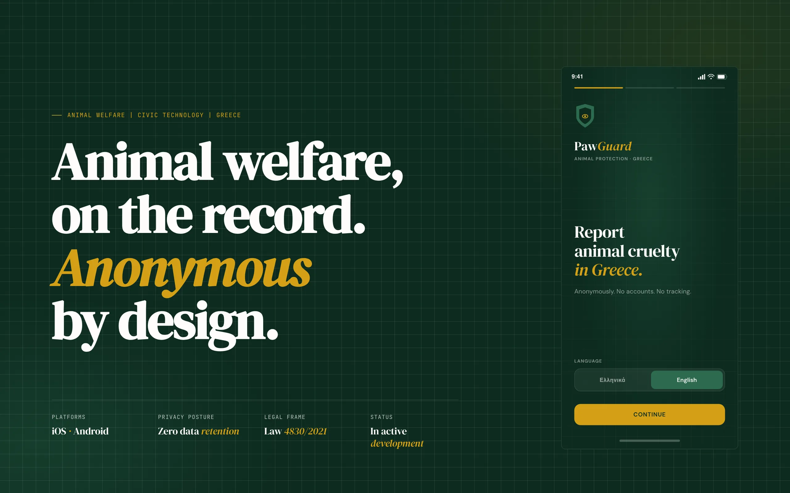 PawGuard one-pager: the headline Animal welfare, on the record. Anonymous by design., beside a phone mockup of the app’s first screen