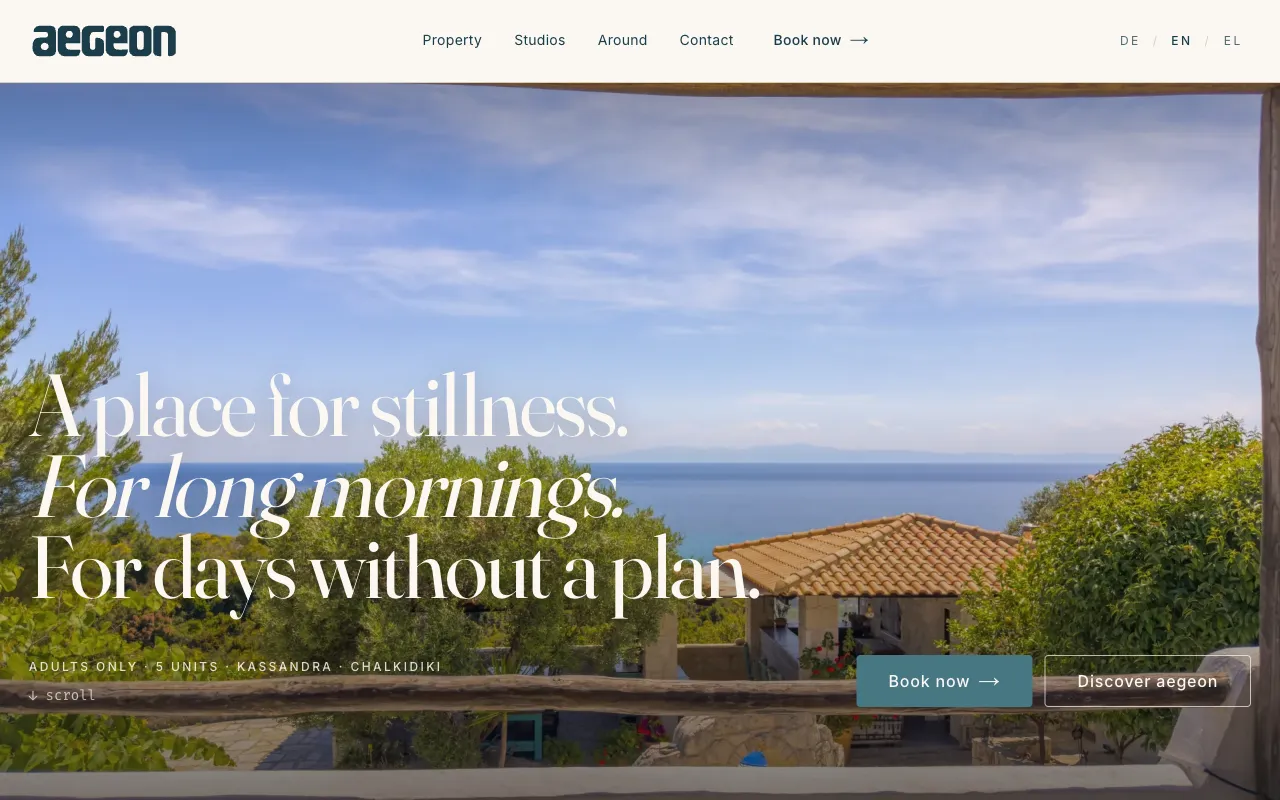 Aegeon booking site: gallery-luxury hero over a sea view on the Chalkidiki coast